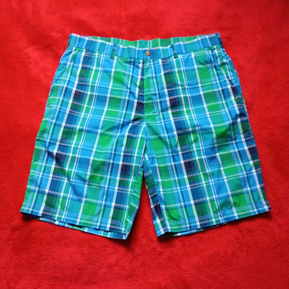 PGA Tour Men Pro Series Golf Shorts Performance Briches Sz 36 Plaid Green Blue